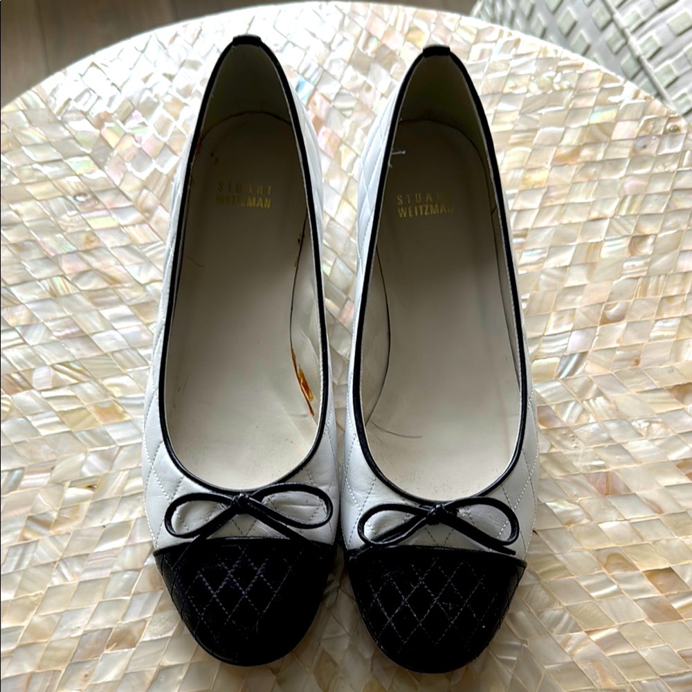 Stuart Weitzman White Ballet Flats with Black Cap Toe